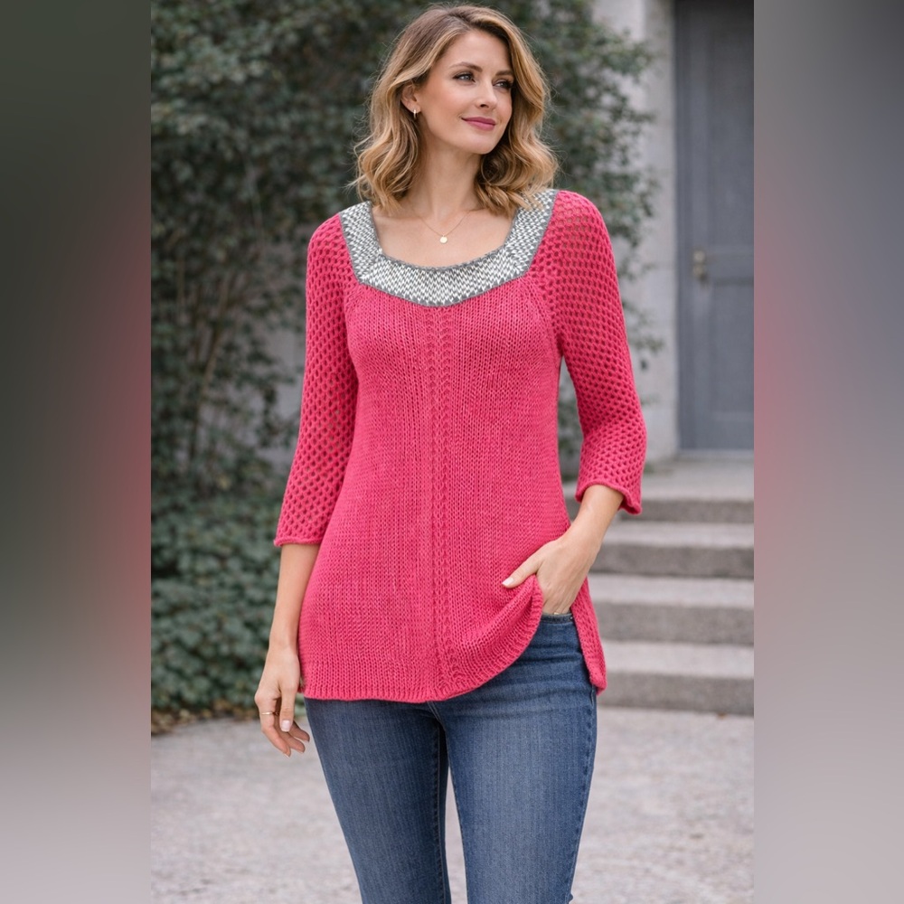 Wooden‎ Ships Paola Buendia Pink & Grey Open Knit Crochet Sweater S/M Like NEW